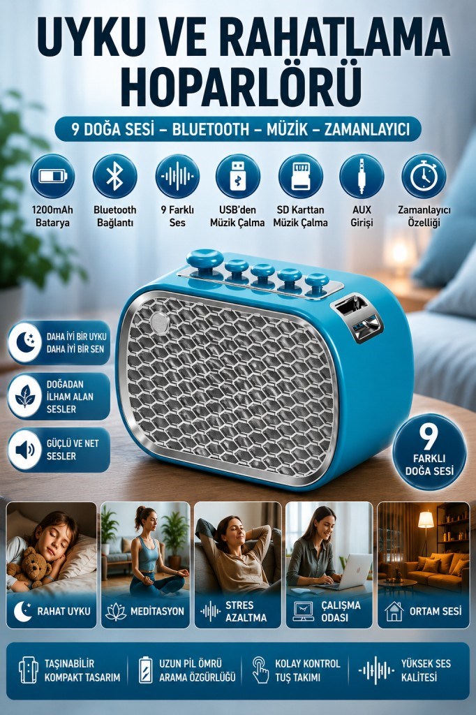 Polham 9 Sesli Uyku Hoparlörü Bluetooth 5.1v, 1200mAh Taşınabilir Rahatlama Cihazı Zamanlayıcı, USB SD Kart AUX 