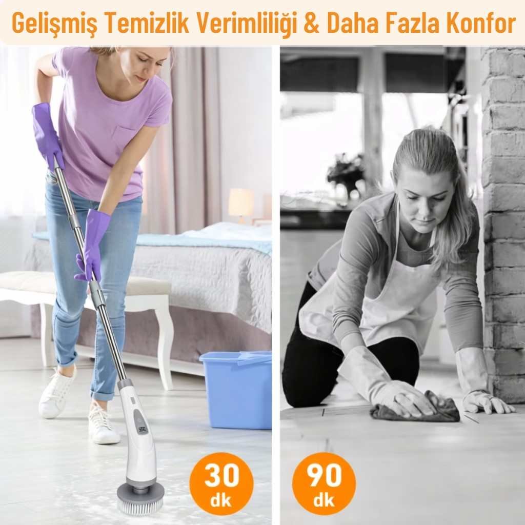 Polham 9in1 Şarjlı Döner Temizlik Fırçası – 120 cm Uzatılabilir Saplı,Suya Dayanıklı Çok Amaçlı Temizlik Seti