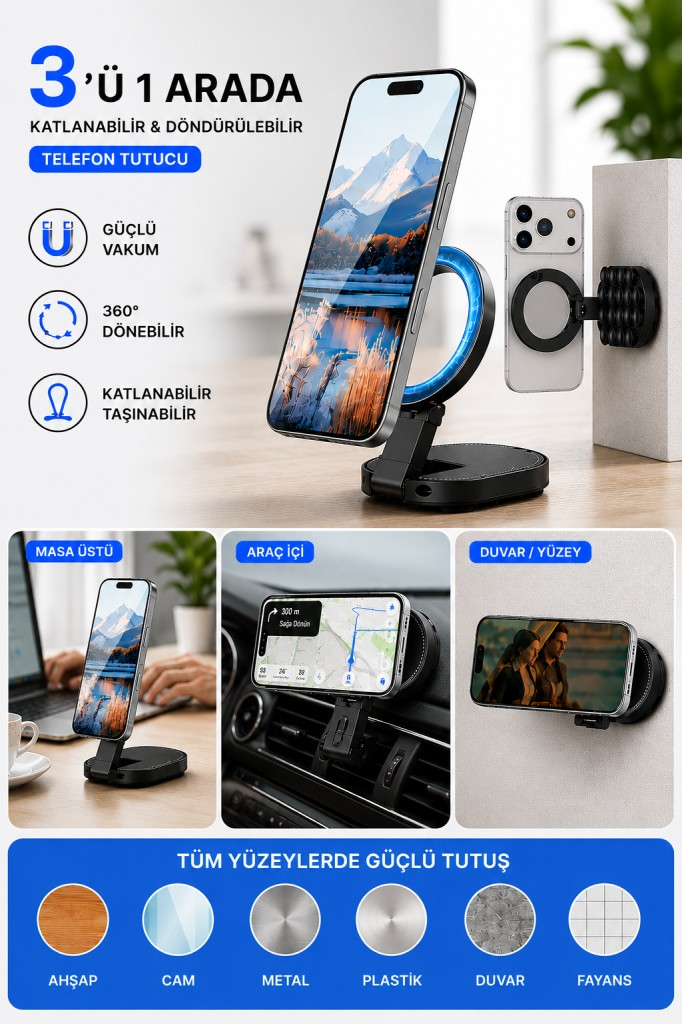 Polham Ahtapod Tipi Katlanabilir 360 Derece Döner Manyetik Telefon Tutucu – Güçlü Vakumlu Çok Amaçlı Stand