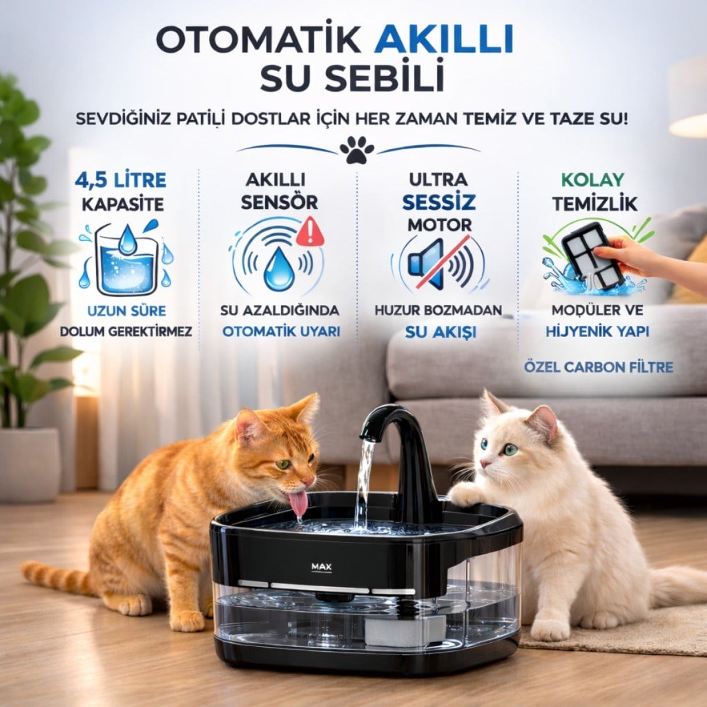 Polham Akıllı Otomatik Kedi Köpek Su Sebili 4.5L | Sessiz Motorlu Sensörlü Pet Su Pınarı | Karbon Filtreli Akıllı Su Kabı