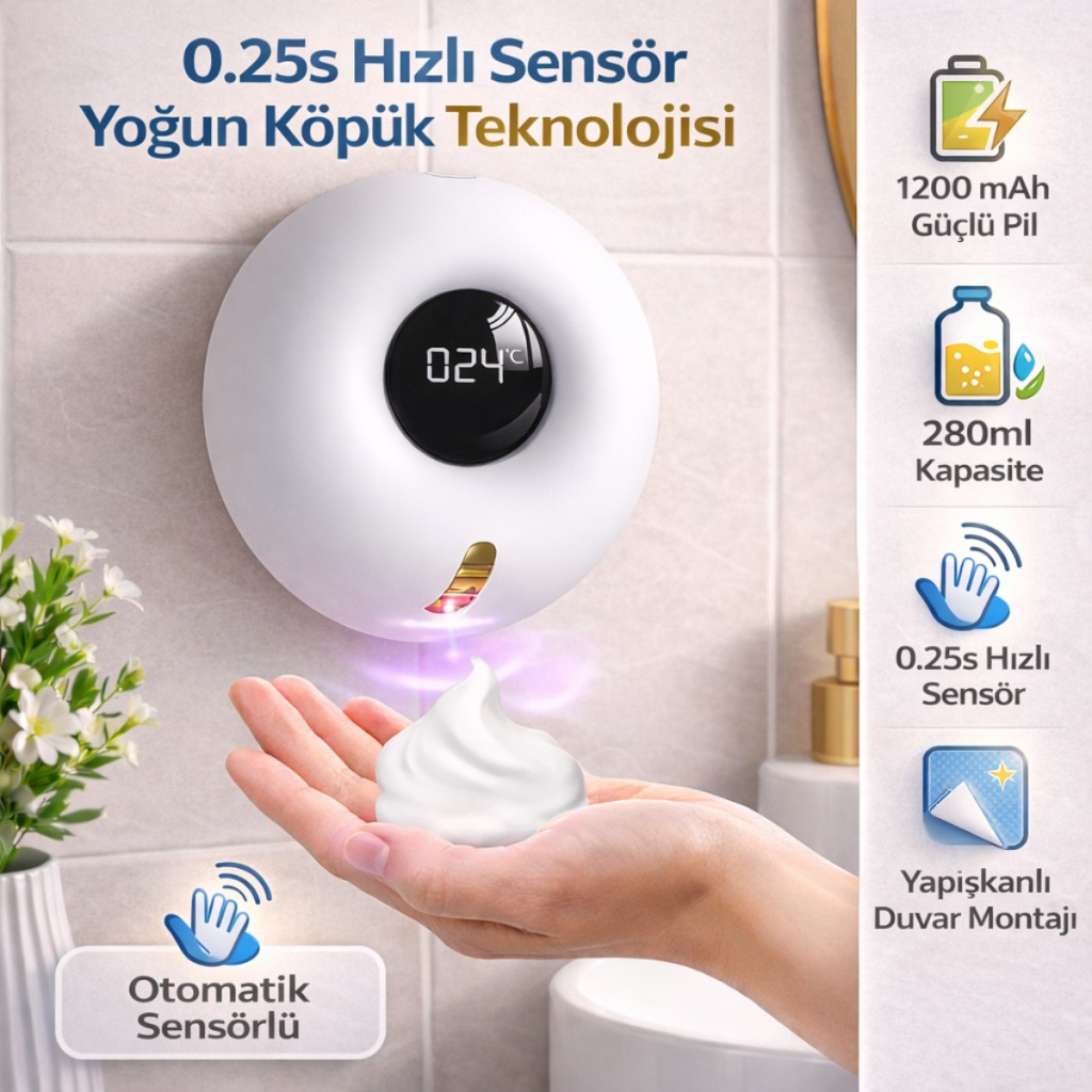 Polham Akıllı Sensörlü Köpük Sabunluk 280ml | 0.25s Hızlı Sensör | Şarjlı | Dijital Ekranlı Otomatik Sabunluk