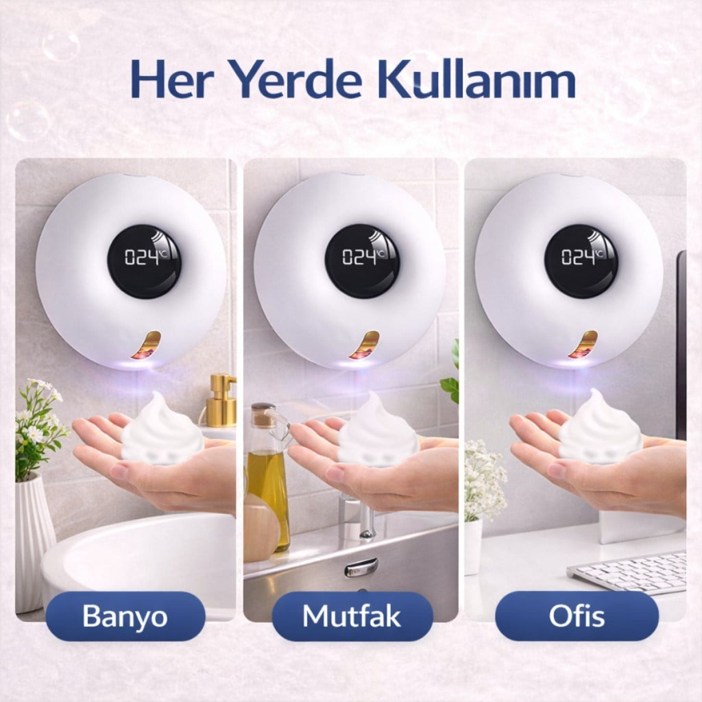 Polham Akıllı Sensörlü Köpük Sabunluk 280ml | 0.25s Hızlı Sensör | Şarjlı | Dijital Ekranlı Otomatik Sabunluk