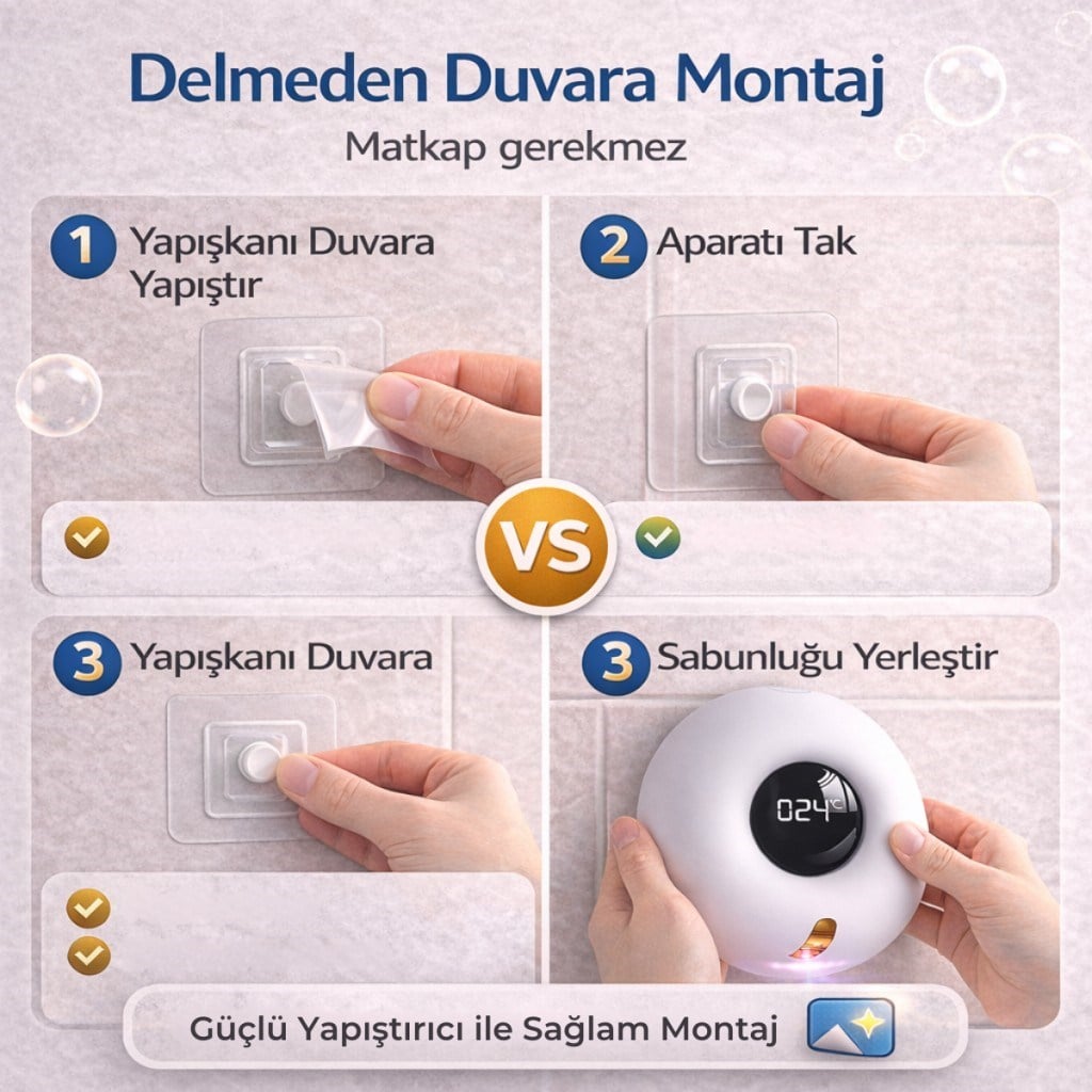 Polham Akıllı Sensörlü Köpük Sabunluk 280ml | 0.25s Hızlı Sensör | Şarjlı | Dijital Ekranlı Otomatik Sabunluk