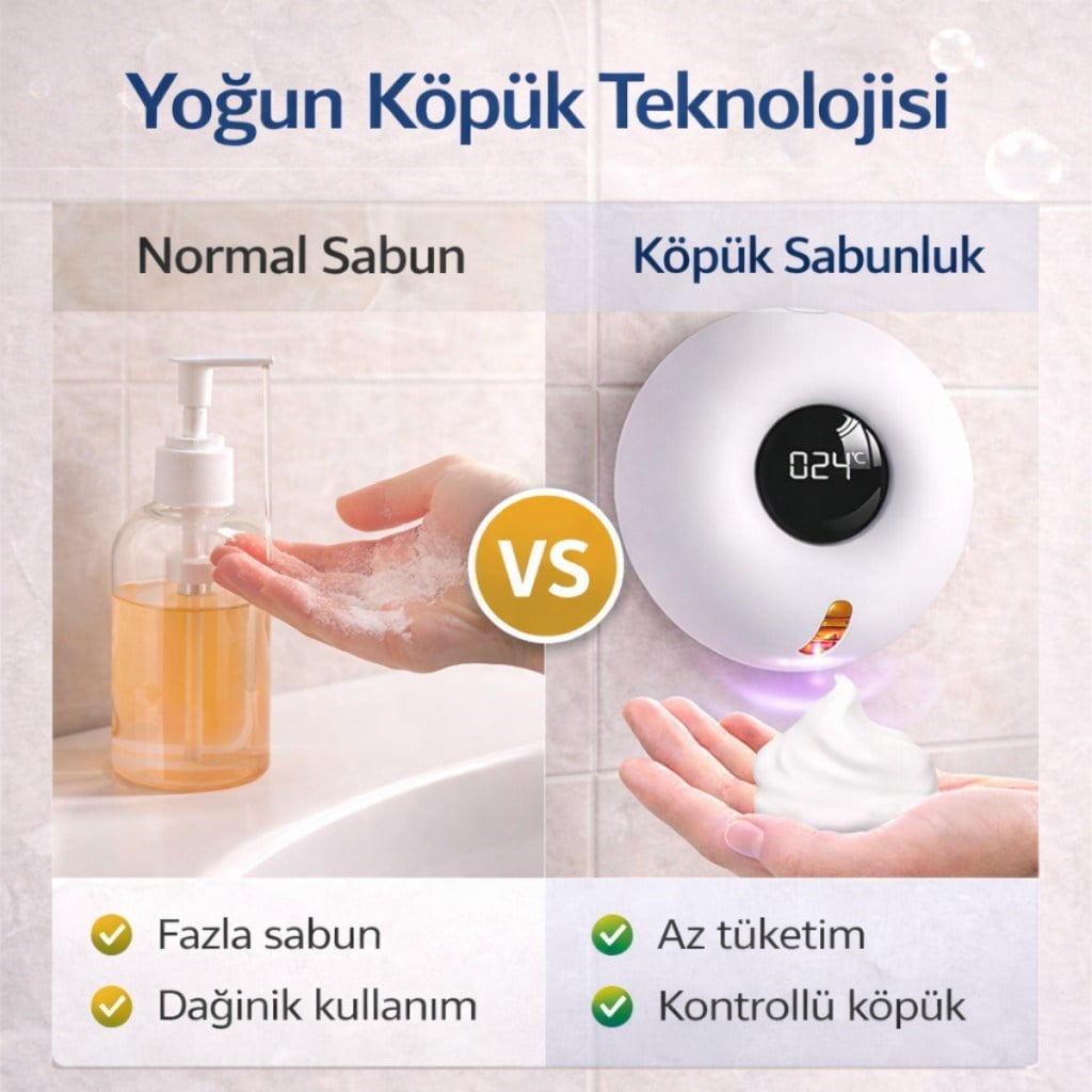 Polham Akıllı Sensörlü Köpük Sabunluk 280ml | 0.25s Hızlı Sensör | Şarjlı | Dijital Ekranlı Otomatik Sabunluk