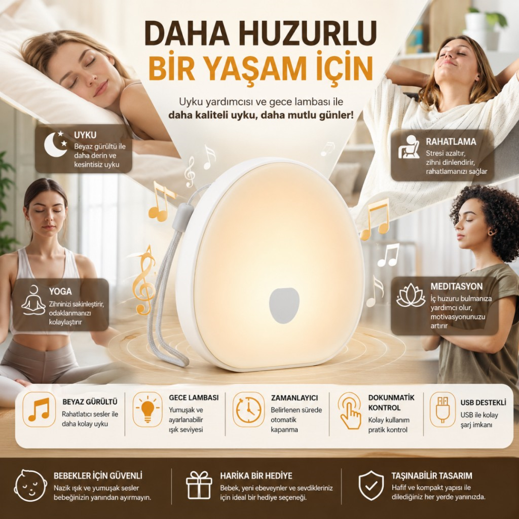 Polham Beyaz Gürültü Uyku Yardımcısı ve Gece Lambası – Dokunmatik, Zamanlayıcılı, Şarjlı, Bebek Uyku Yardımcısı