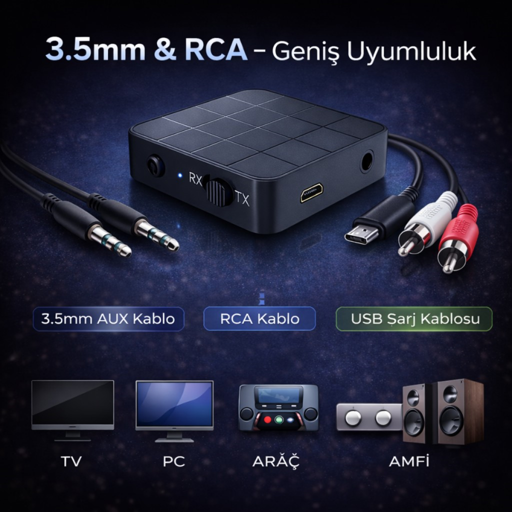 Polham Bluetooth 5.0 Ses Alıcı ve Verici RX/TX | TV İçin Kablosuz Kulaklık Adaptörü | 3.5mm & RCA Destekli
