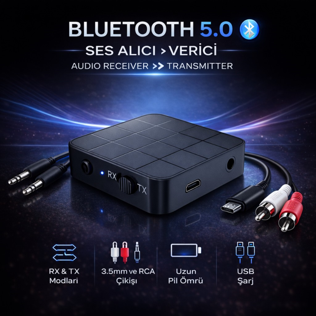 Polham Bluetooth 5.0 Ses Alıcı ve Verici RX/TX | TV İçin Kablosuz Kulaklık Adaptörü | 3.5mm & RCA Destekli