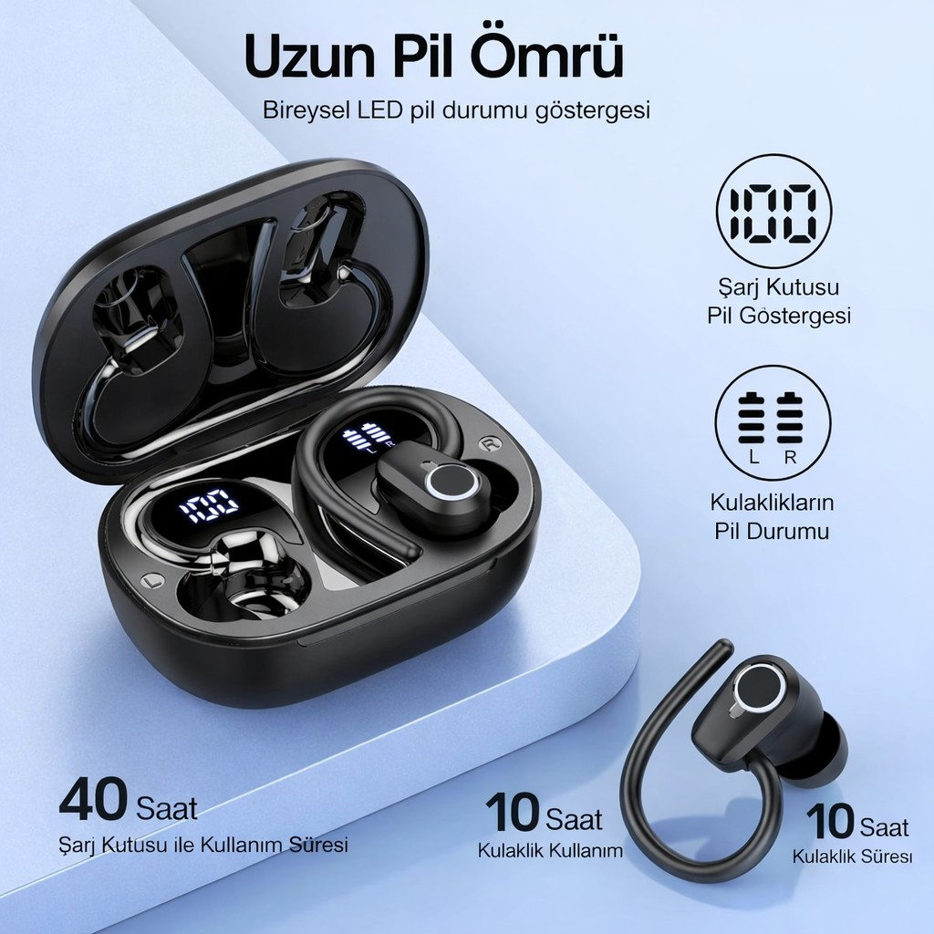 Polham BT5.4 Kancalı Mikrofonlu Bluetooth Kulaklık 500mAh Şarj Kutulu Dijital Göstergeli Spor Kulaklık