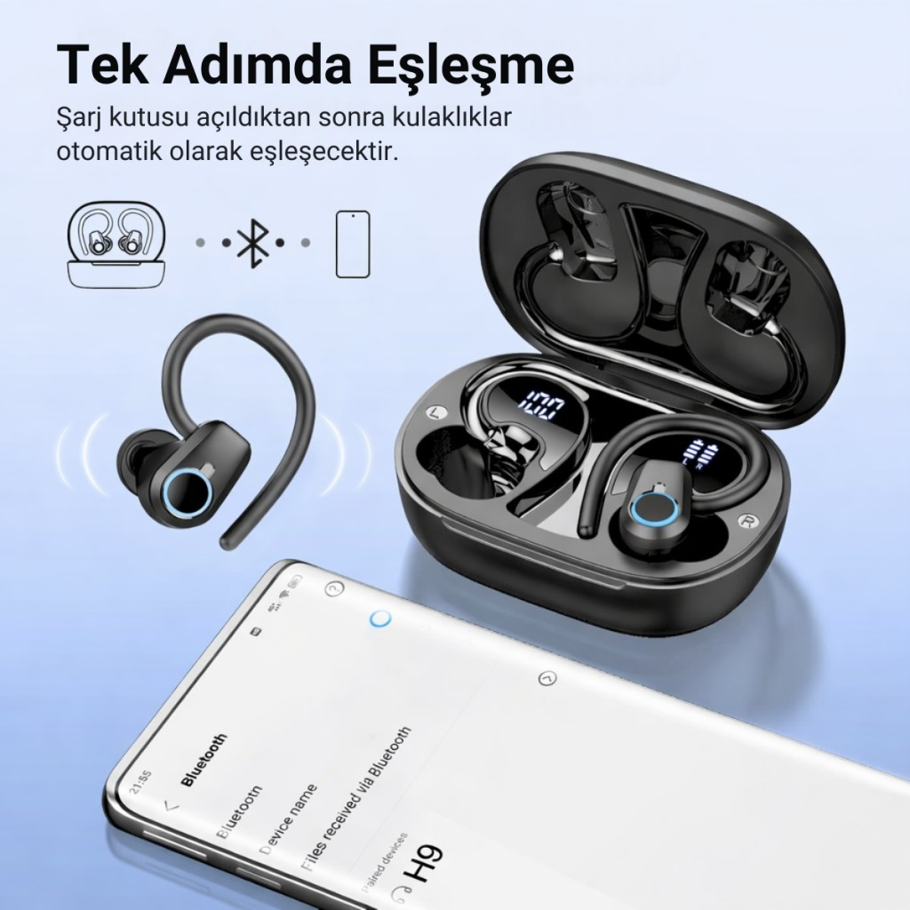 Polham BT5.4 Kancalı Mikrofonlu Bluetooth Kulaklık 500mAh Şarj Kutulu Dijital Göstergeli Spor Kulaklık
