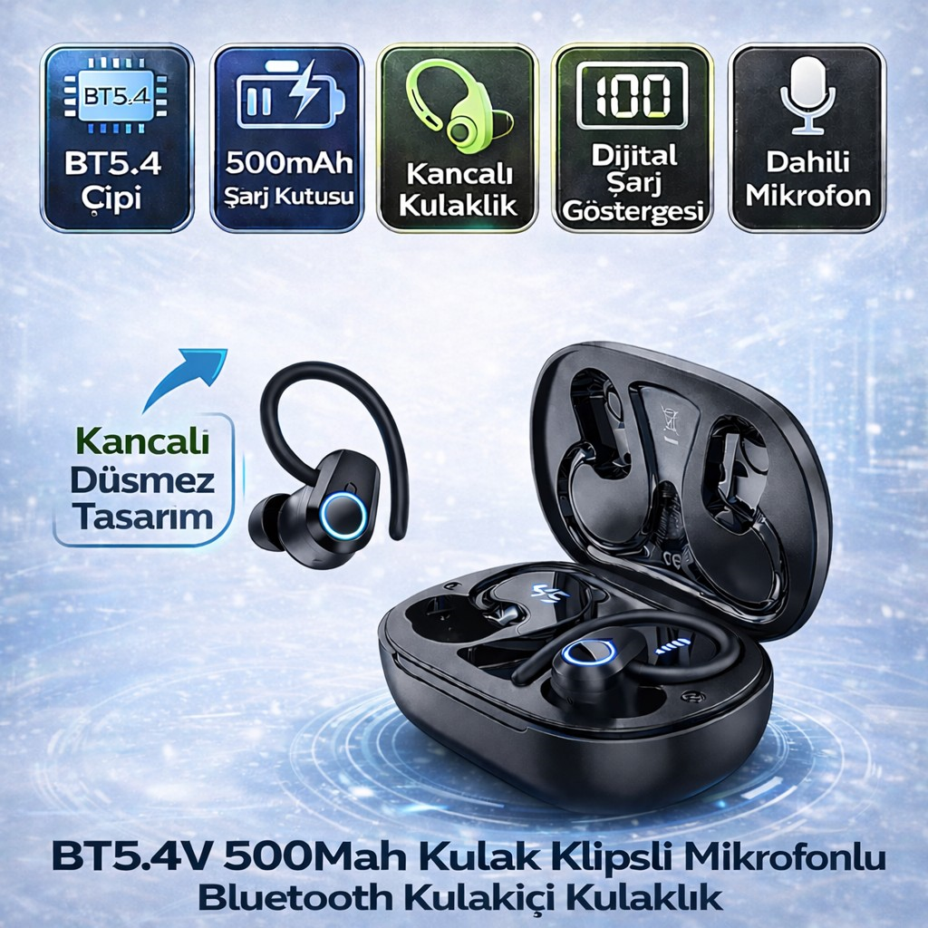Polham BT5.4 Kancalı Mikrofonlu Bluetooth Kulaklık 500mAh Şarj Kutulu Dijital Göstergeli Spor Kulaklık