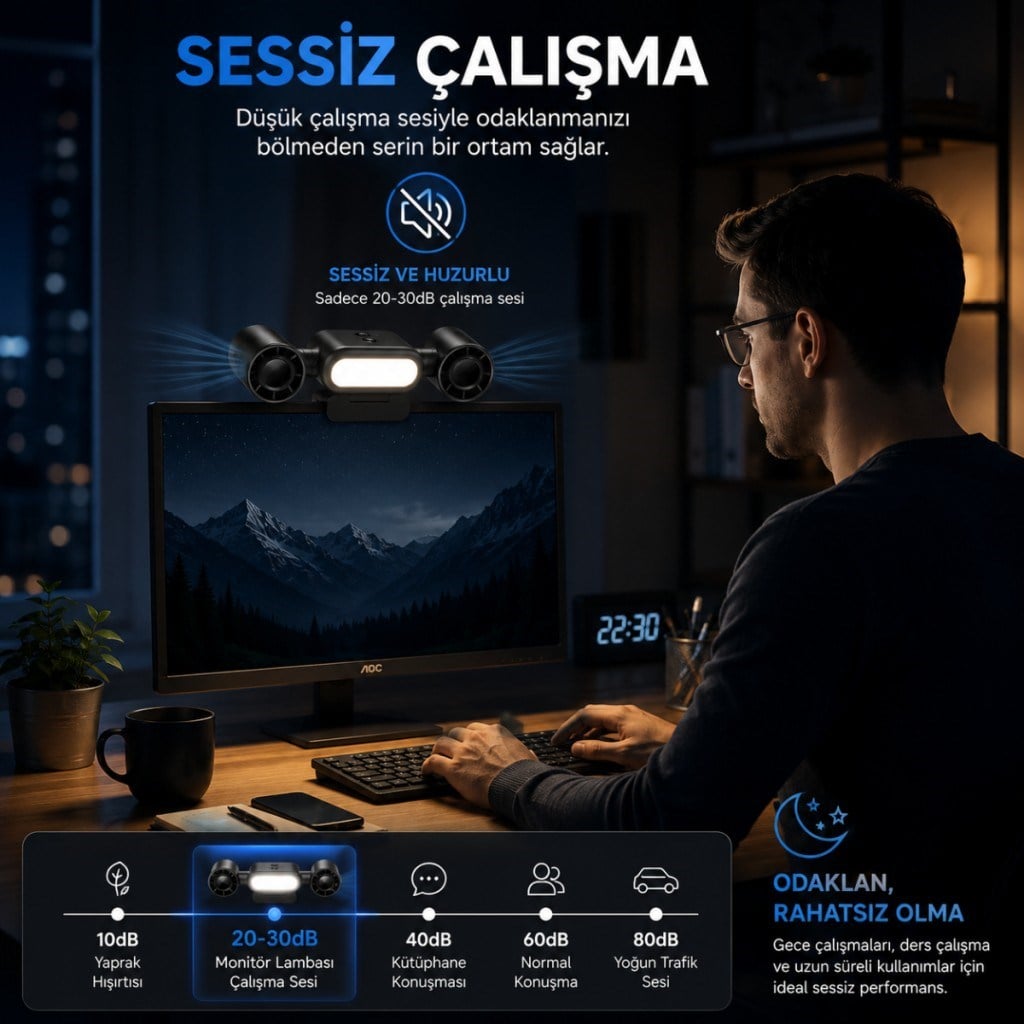 Polham Çift Fanlı Klipsli LED Monitör Lambası – 360° Dönebilen Fan, 5 Kademe Hız, Sessiz Çalışma, USB
