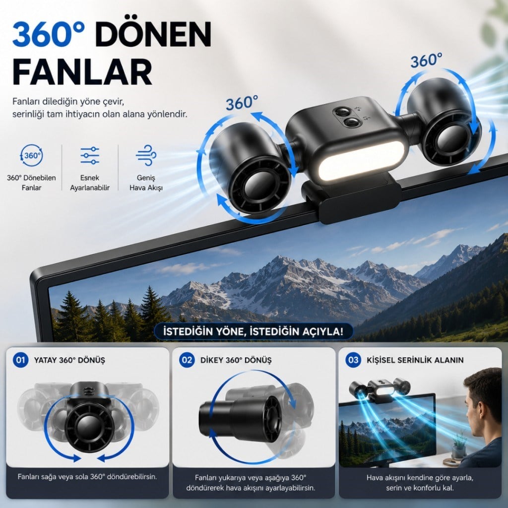 Polham Çift Fanlı Klipsli LED Monitör Lambası – 360° Dönebilen Fan, 5 Kademe Hız, Sessiz Çalışma, USB