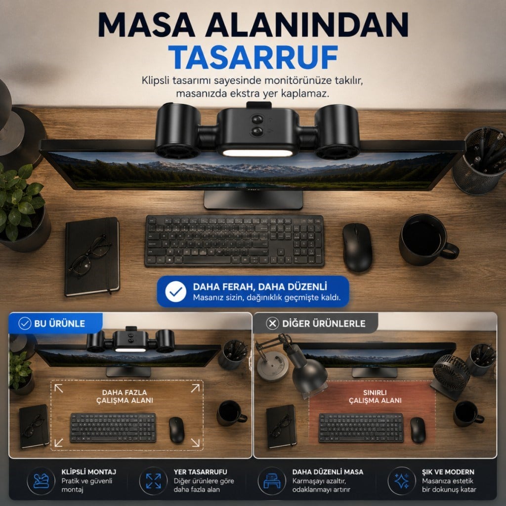 Polham Çift Fanlı Klipsli LED Monitör Lambası – 360° Dönebilen Fan, 5 Kademe Hız, Sessiz Çalışma, USB