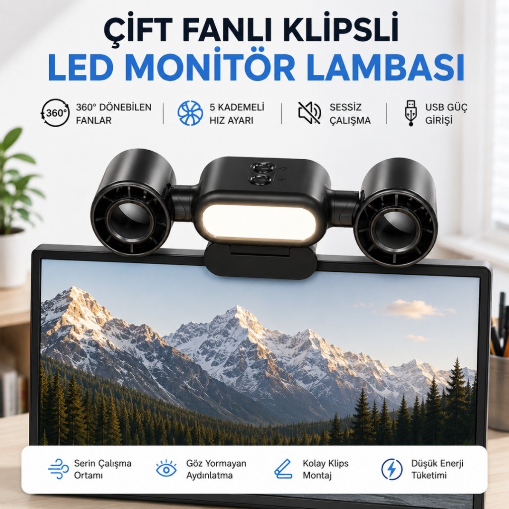 Polham Çift Fanlı Klipsli LED Monitör Lambası – 360° Dönebilen Fan, 5 Kademe Hız, Sessiz Çalışma, USB