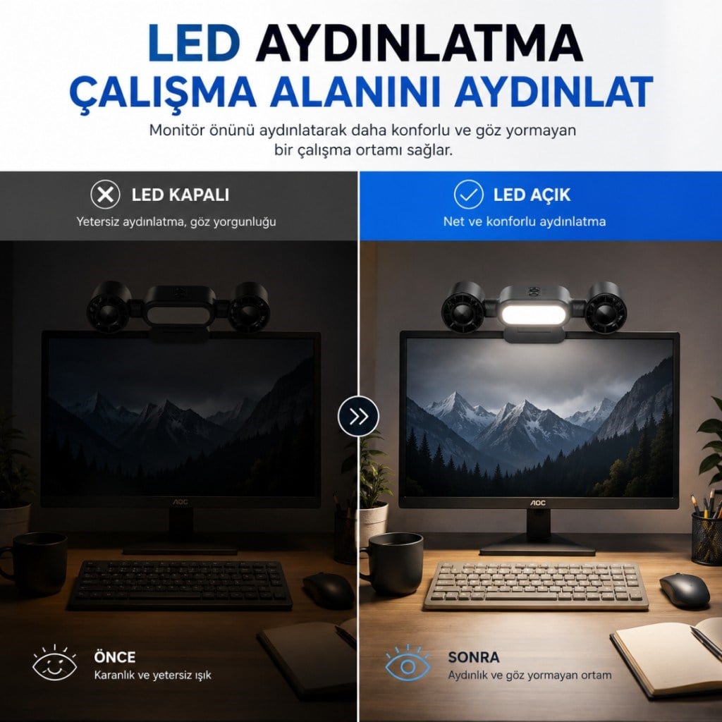 Polham Çift Fanlı Klipsli LED Monitör Lambası – 360° Dönebilen Fan, 5 Kademe Hız, Sessiz Çalışma, USB