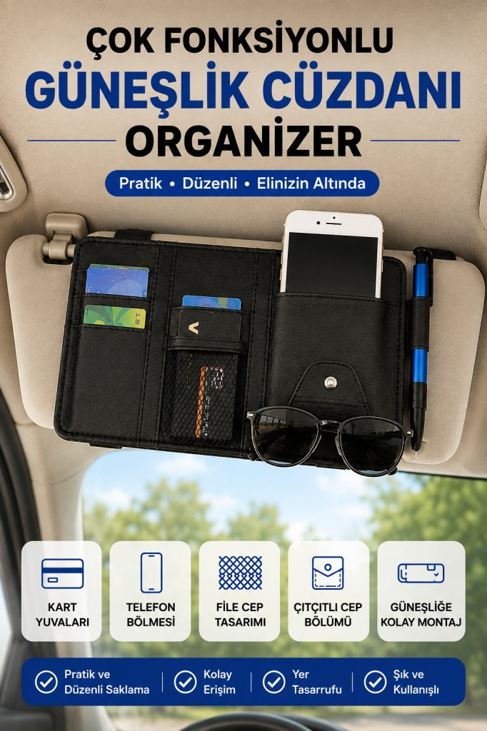 Polham Çok Fonksiyonlu Araç Güneşlik Cüzdanı Organizer – Telefon, Kart, Gözlük ve Kalem Bölmeli Organizer