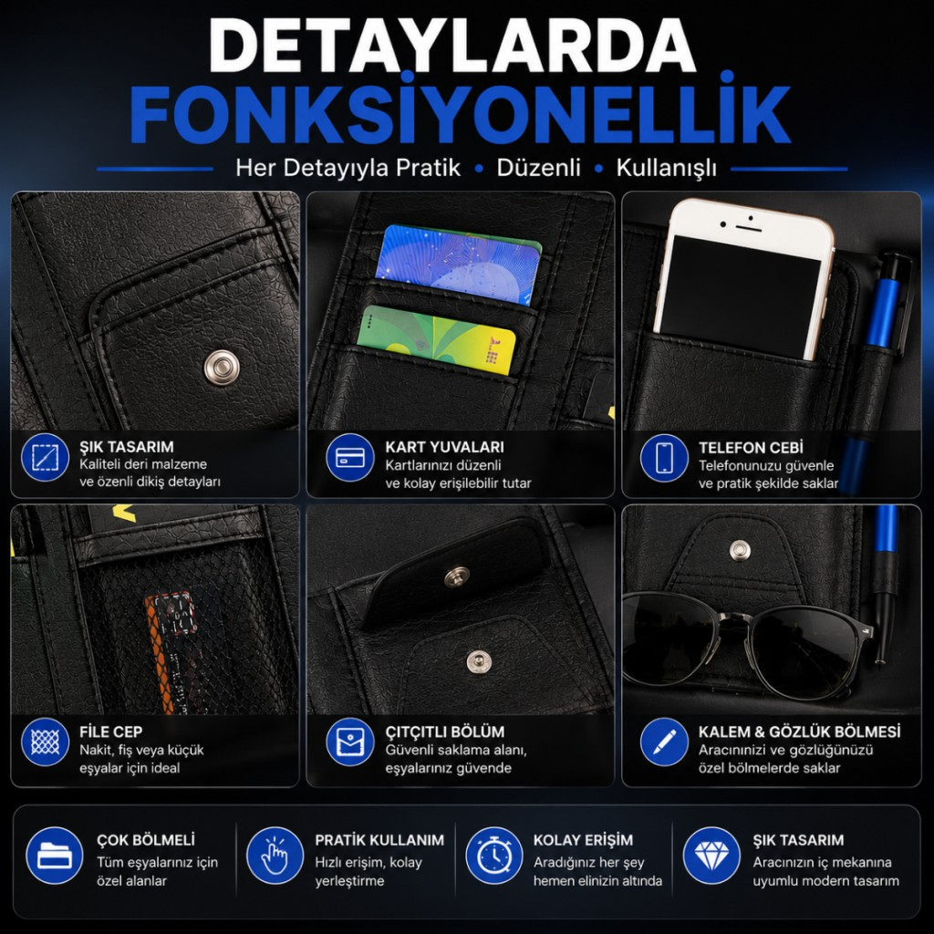 Polham Çok Fonksiyonlu Araç Güneşlik Cüzdanı Organizer – Telefon, Kart, Gözlük ve Kalem Bölmeli Organizer