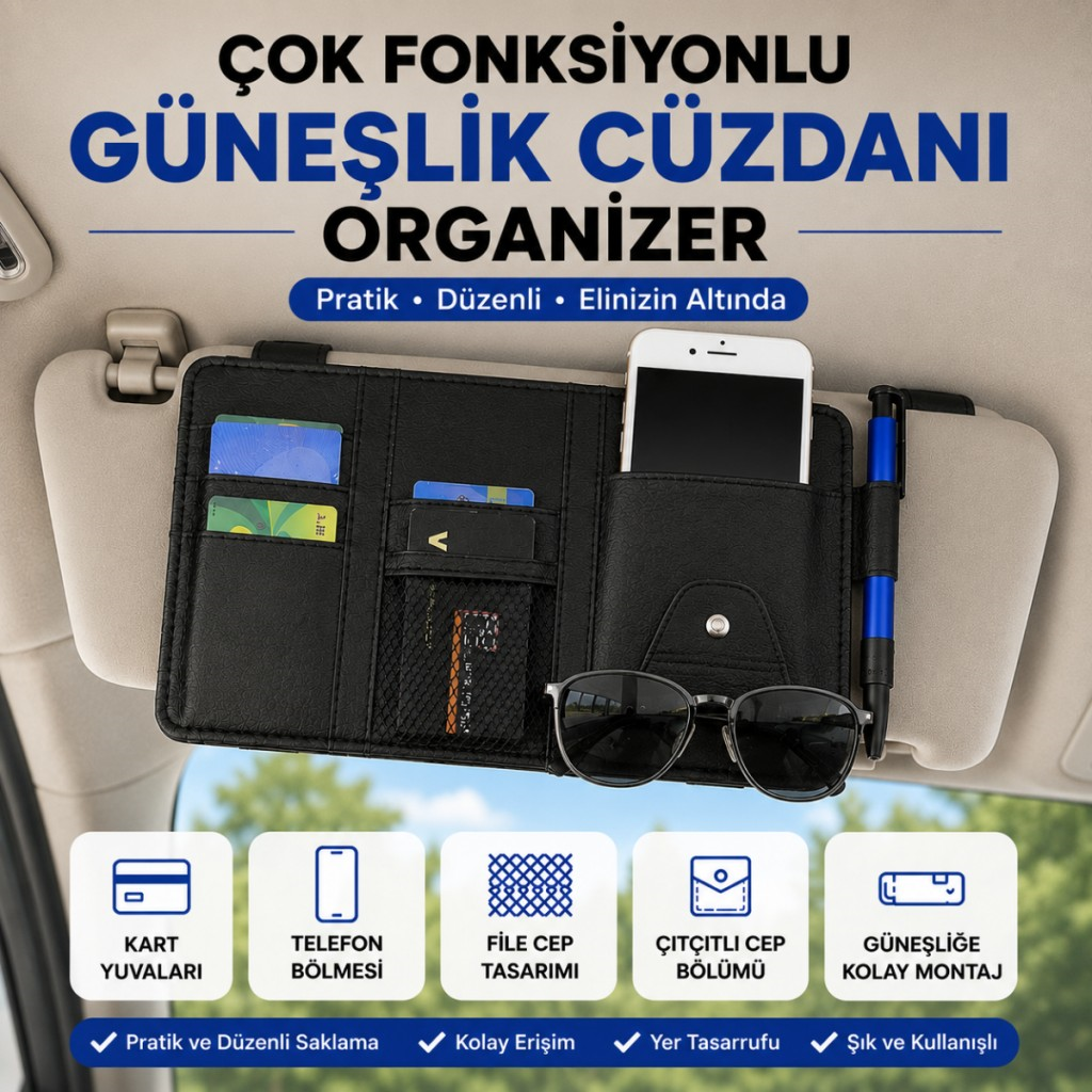 Polham Çok Fonksiyonlu Araç Güneşlik Cüzdanı Organizer – Telefon, Kart, Gözlük ve Kalem Bölmeli Organizer