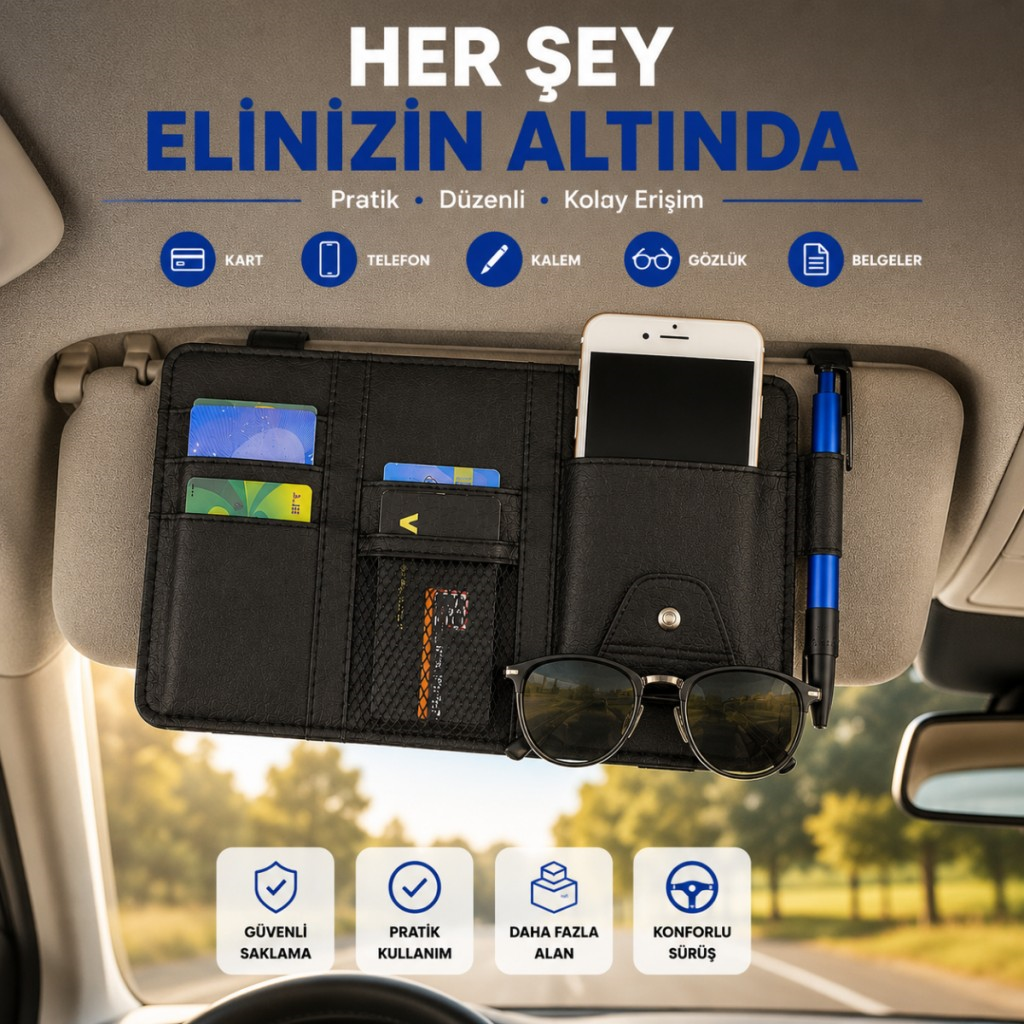 Polham Çok Fonksiyonlu Araç Güneşlik Cüzdanı Organizer – Telefon, Kart, Gözlük ve Kalem Bölmeli Organizer