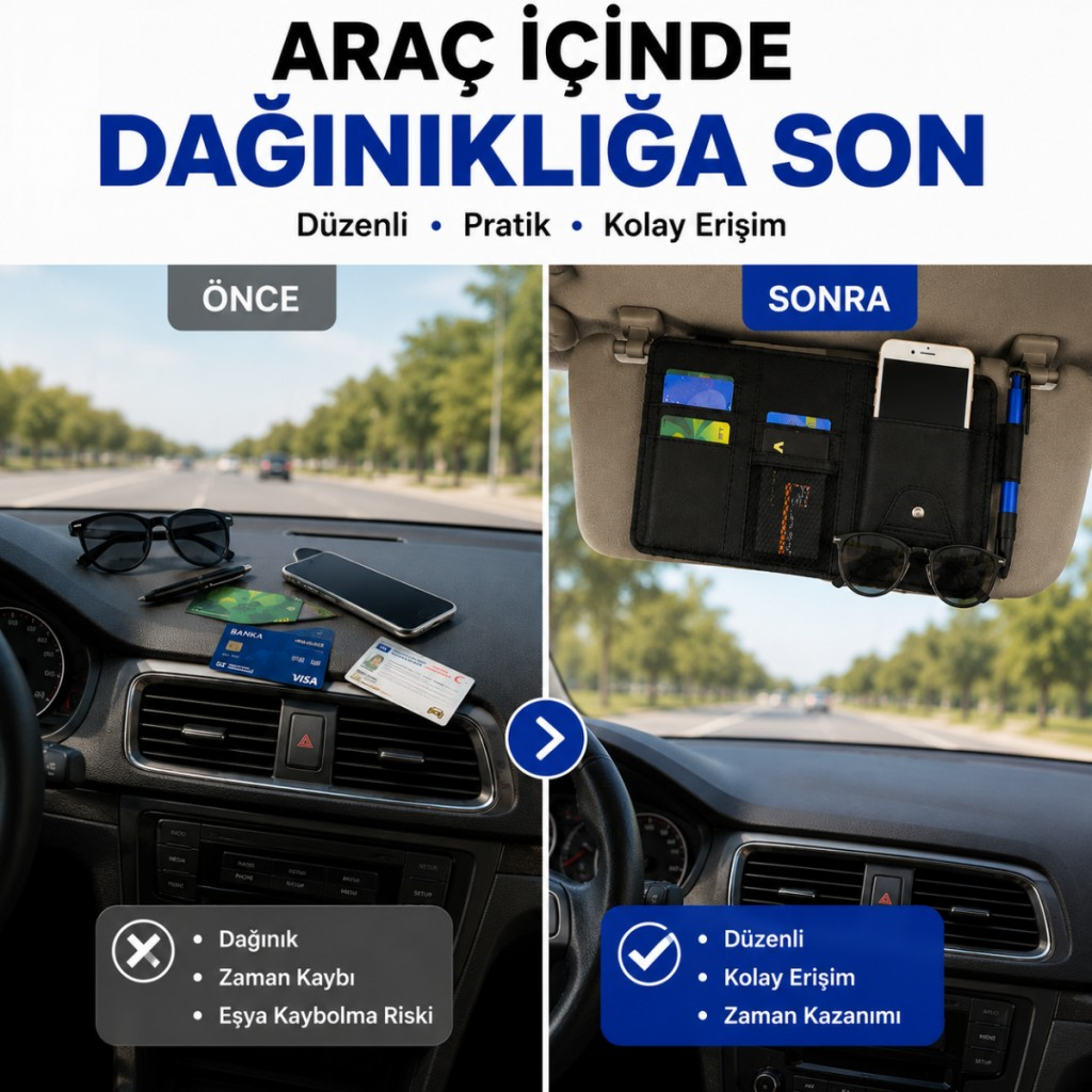 Polham Çok Fonksiyonlu Araç Güneşlik Cüzdanı Organizer – Telefon, Kart, Gözlük ve Kalem Bölmeli Organizer