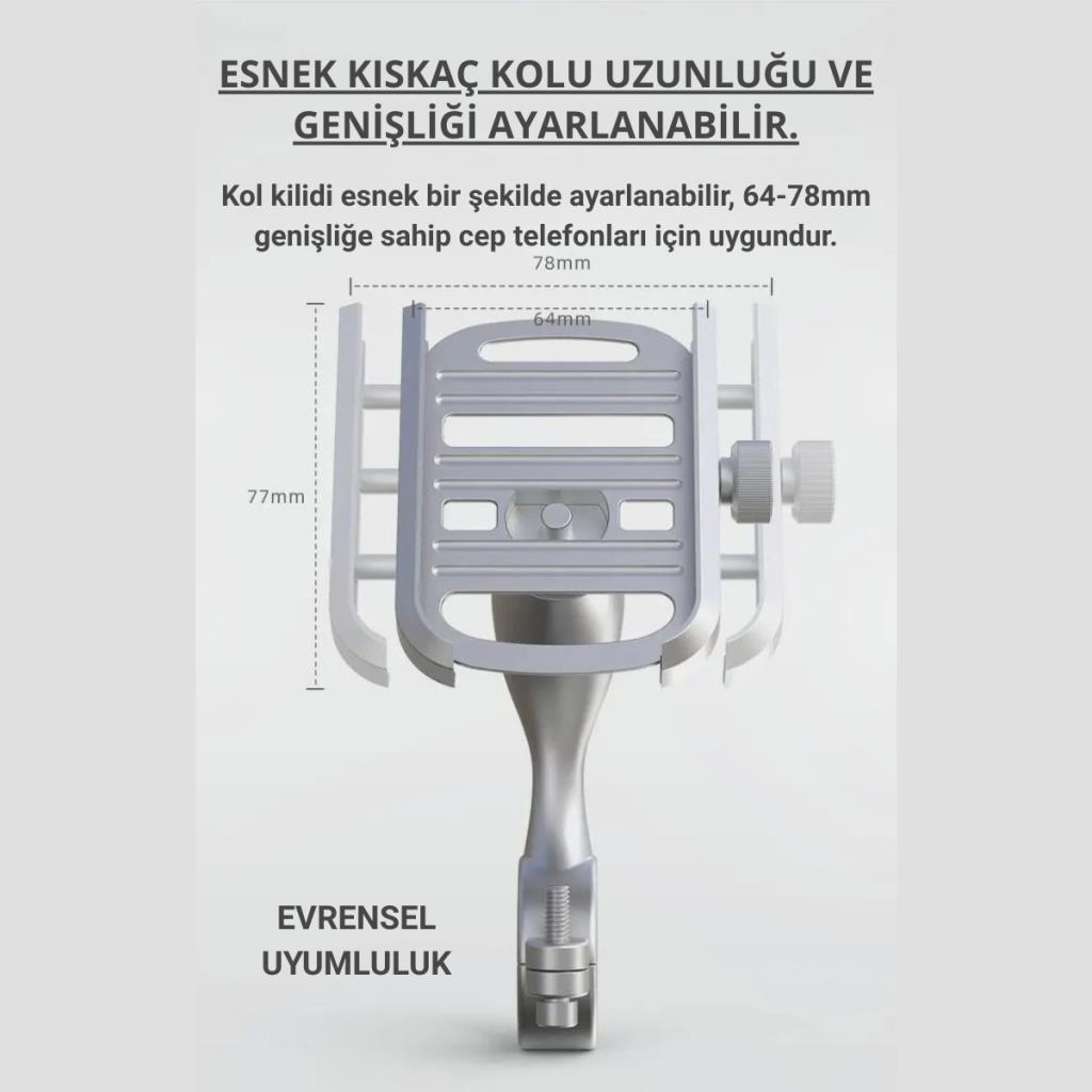 Polham Ful Metal Gidon Uyumlu 360 Derece Dönen Başlık Motorsiklet Telefon Tutucu, Bisiklet, Scooter Uyumlu Sıkıştırmalı Tutucu
