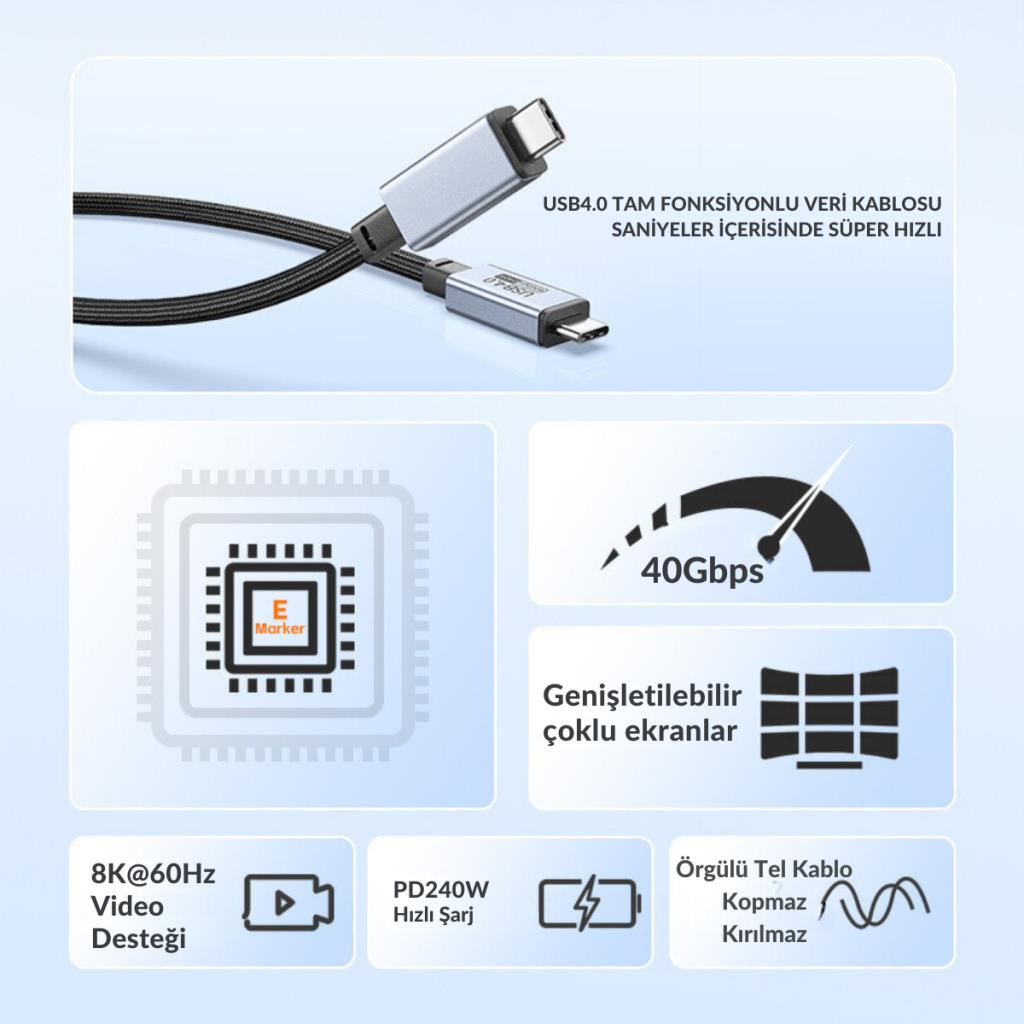 Polham Jasoz 2 Metre 240W 4.0 Thunderbolt Type-C to Type-C Şarj, Data ve 8K 60Hz Görüntü Aktarım Kablosu
