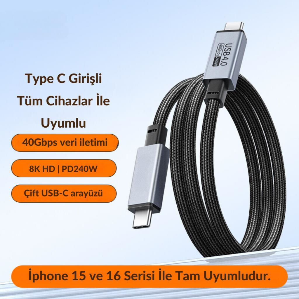 Polham Jasoz 2 Metre 240W 4.0 Thunderbolt Type-C to Type-C Şarj, Data ve 8K 60Hz Görüntü Aktarım Kablosu