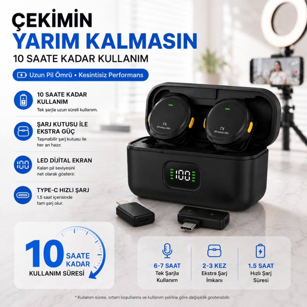 Polham Kablosuz Yaka Mikrofonu | 2.4GHz Gürültü Engelleme | 100 Metre Çekim | Şarj Kutulu | Type-C & Lightning