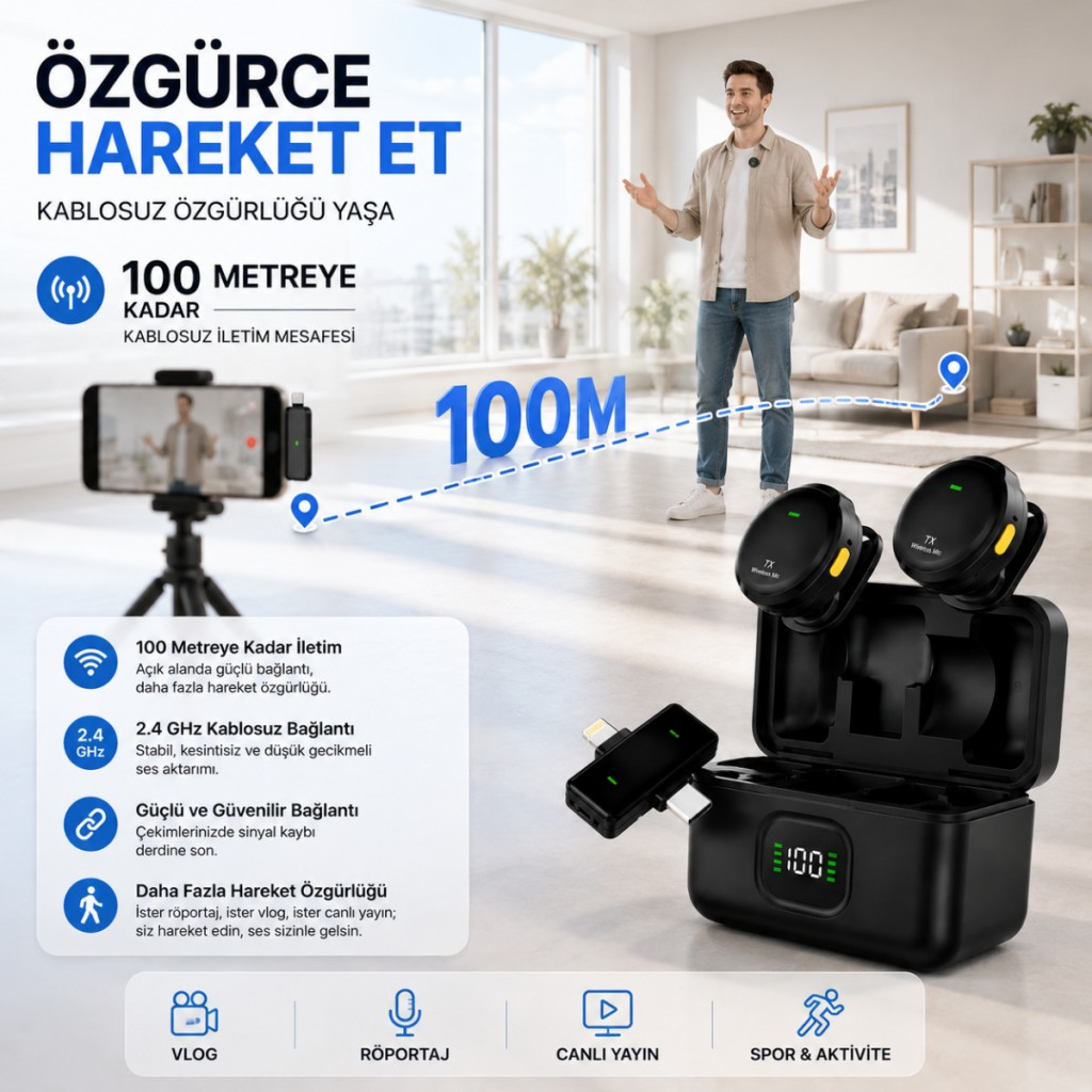 Polham Kablosuz Yaka Mikrofonu | 2.4GHz Gürültü Engelleme | 100 Metre Çekim | Şarj Kutulu | Type-C & Lightning
