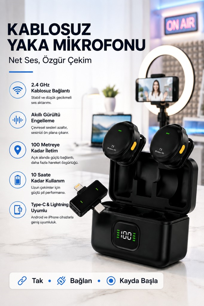 Polham Kablosuz Yaka Mikrofonu | 2.4GHz Gürültü Engelleme | 100 Metre Çekim | Şarj Kutulu | Type-C & Lightning