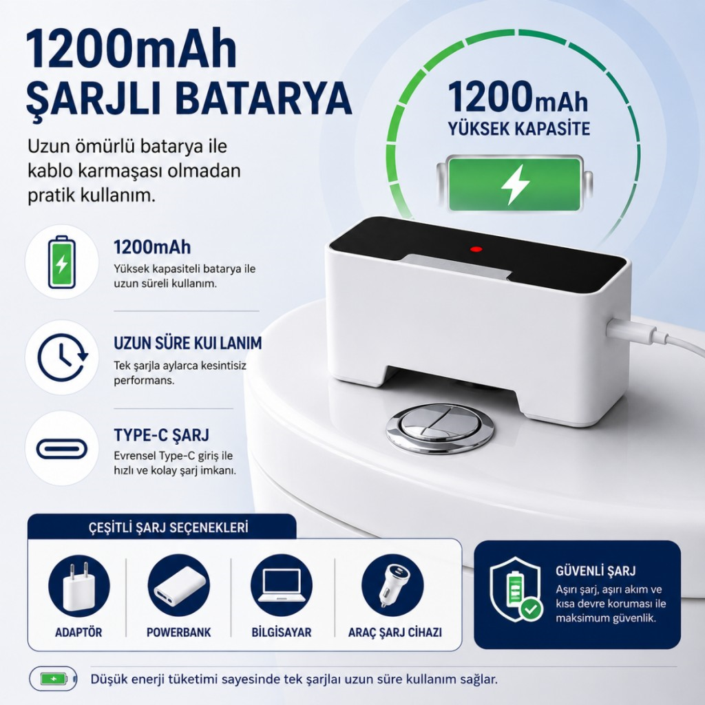 Polham Kızılötesi Sensörlü Otomatik Sifon Aparatı – Temassız Kullanım, Suya Dayanıklı, 1200mAh Şarjlı