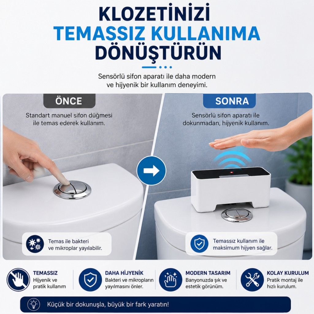 Polham Kızılötesi Sensörlü Otomatik Sifon Aparatı – Temassız Kullanım, Suya Dayanıklı, 1200mAh Şarjlı