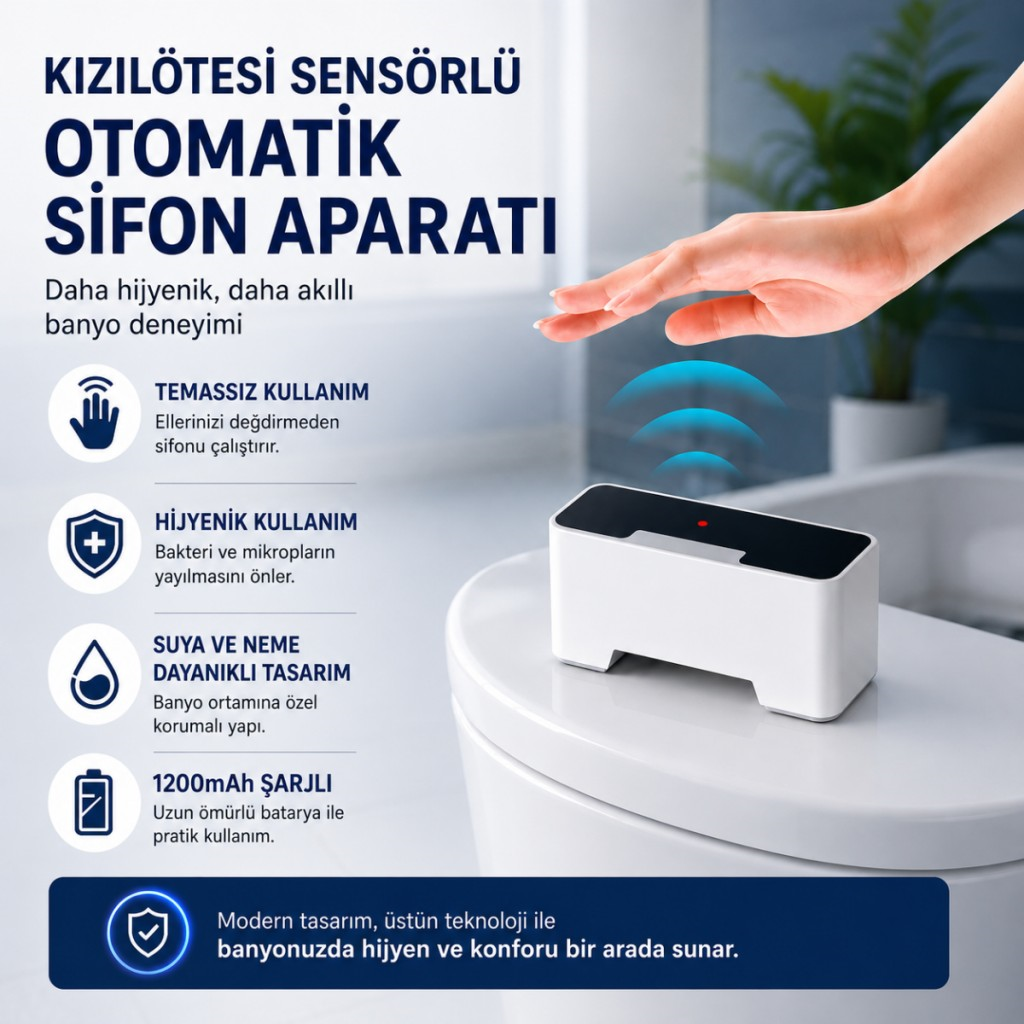 Polham Kızılötesi Sensörlü Otomatik Sifon Aparatı – Temassız Kullanım, Suya Dayanıklı, 1200mAh Şarjlı