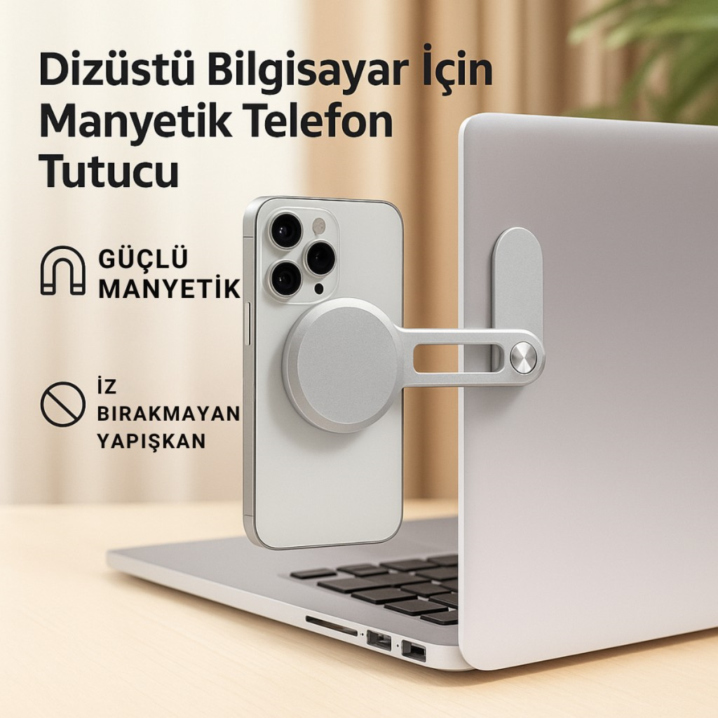 Polham Manyetik Telefon Tutucu | Laptop, Araba Ekranı ve Monitör Uyumlu – Güçlü Mıknatıs, İz Bırakmayan Yapışkan, Katlanabilir Alüminyum