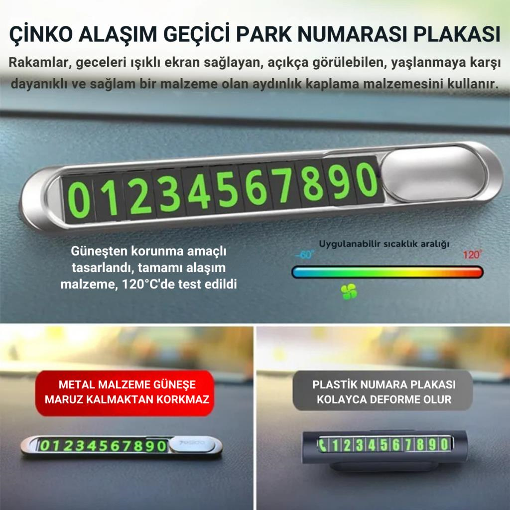 Polham Metal Araç İçi Geçici Park Numaratörü, Gizlenebilir Numaralı, Fosforlu, Manyetik Numaralı Numaratör