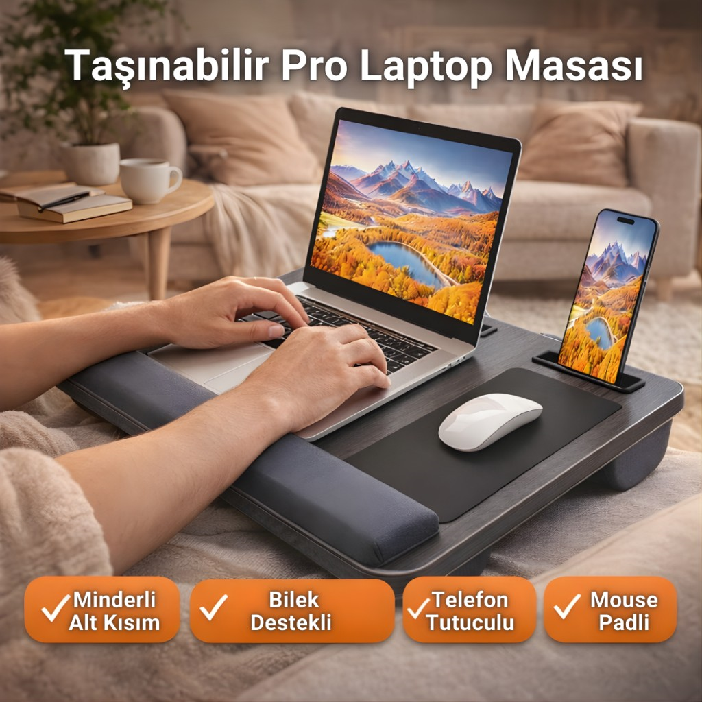 Polham Minderli Bilek Destekli Telefon Tutuculu Mouse Padli Taşınabilir Laptop Masası – Dizüstü Çalışma Sehpası
