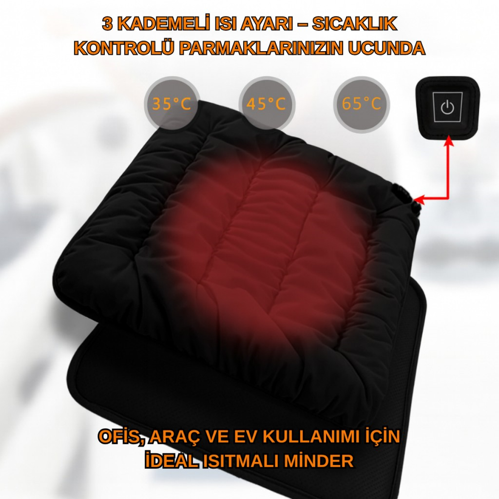 Polham Nano Isıtmalı Koltuk Minderi | 3 Kademeli 35°-45°-65° | Ofis, Ev, Araç Uyumlu Isıtıcı Minder, 42×42 CM
