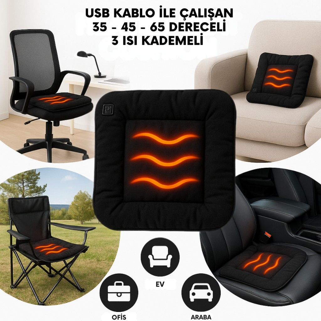 Polham Nano Isıtmalı Koltuk Minderi | 3 Kademeli 35°-45°-65° | Ofis, Ev, Araç Uyumlu Isıtıcı Minder, 42×42 CM
