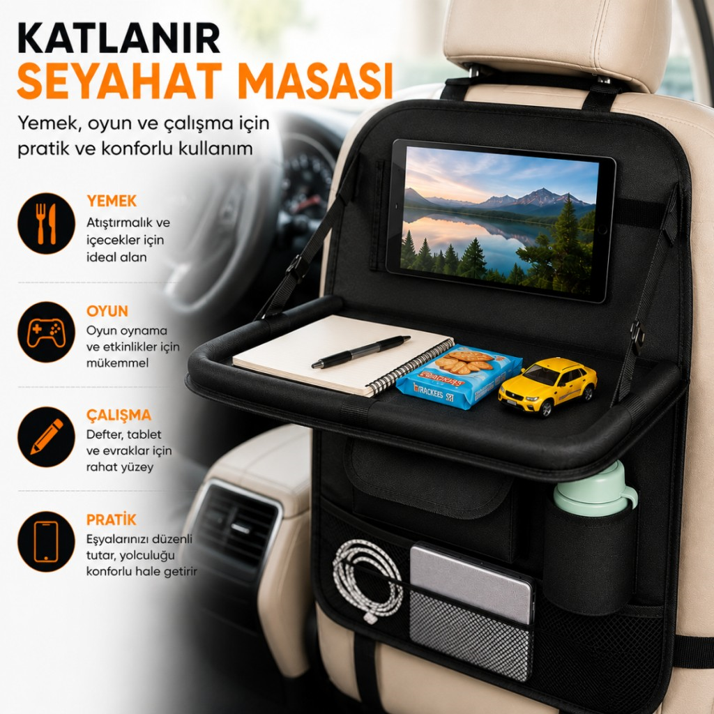 Polham Oto Koltuk Arkası Tablet Bölmeli Organizer, Katlanabilir Seyahat Masası, Çok Bölmeli Araç İçi Düzenleyici