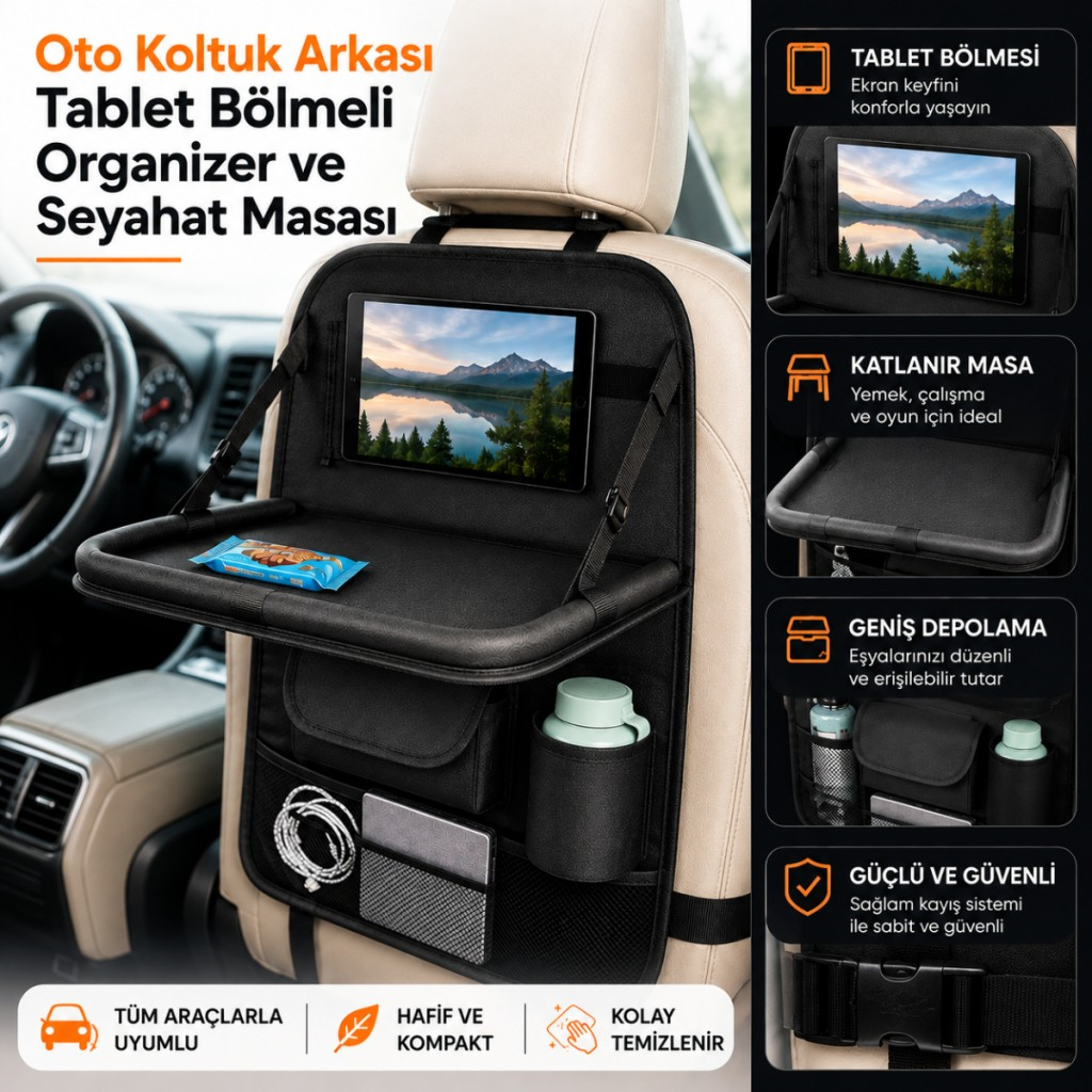 Polham Oto Koltuk Arkası Tablet Bölmeli Organizer, Katlanabilir Seyahat Masası, Çok Bölmeli Araç İçi Düzenleyici