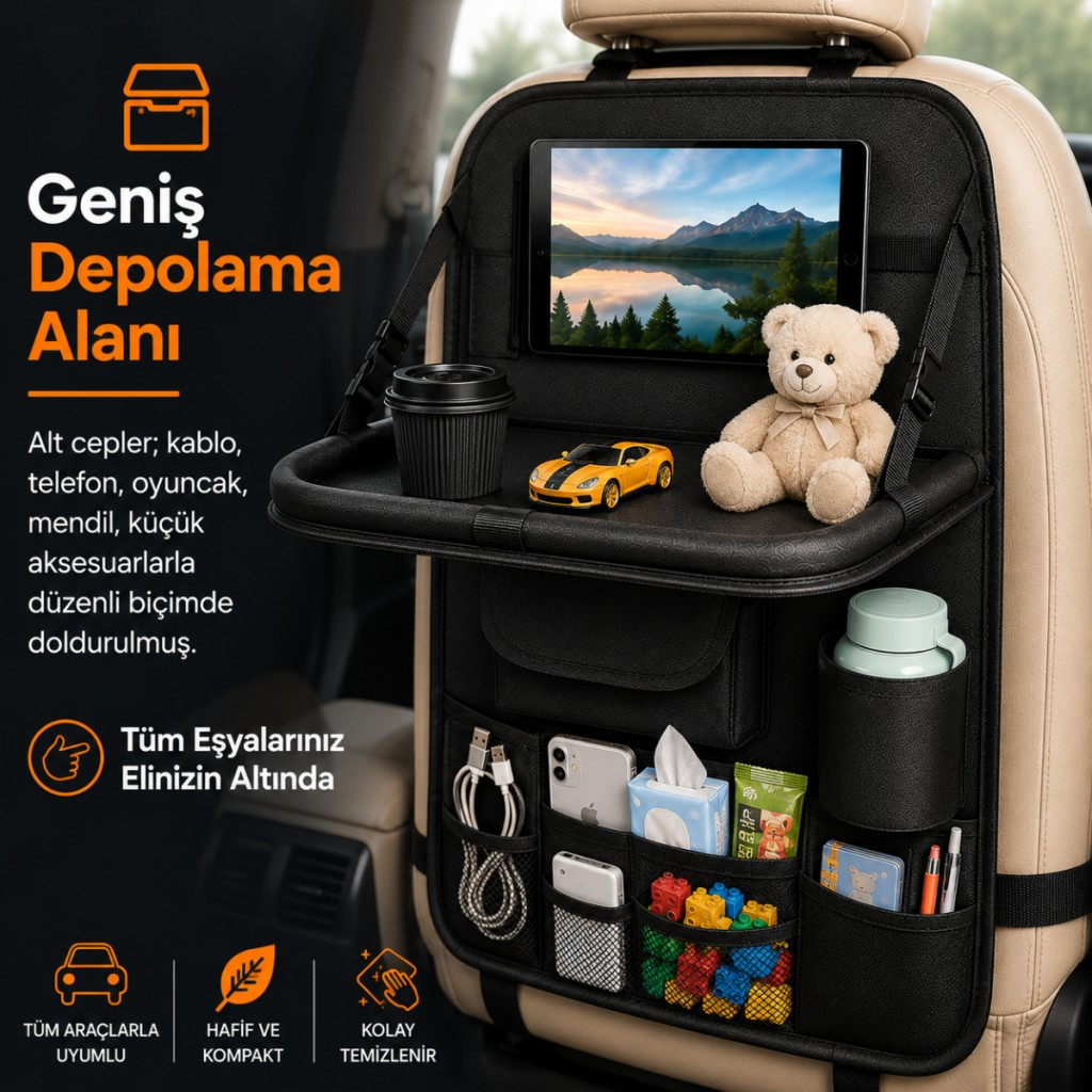 Polham Oto Koltuk Arkası Tablet Bölmeli Organizer, Katlanabilir Seyahat Masası, Çok Bölmeli Araç İçi Düzenleyici