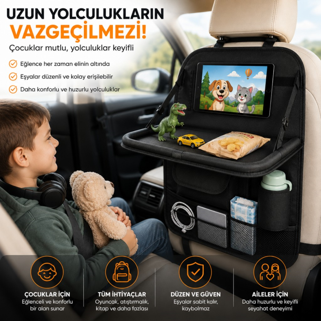 Polham Oto Koltuk Arkası Tablet Bölmeli Organizer, Katlanabilir Seyahat Masası, Çok Bölmeli Araç İçi Düzenleyici