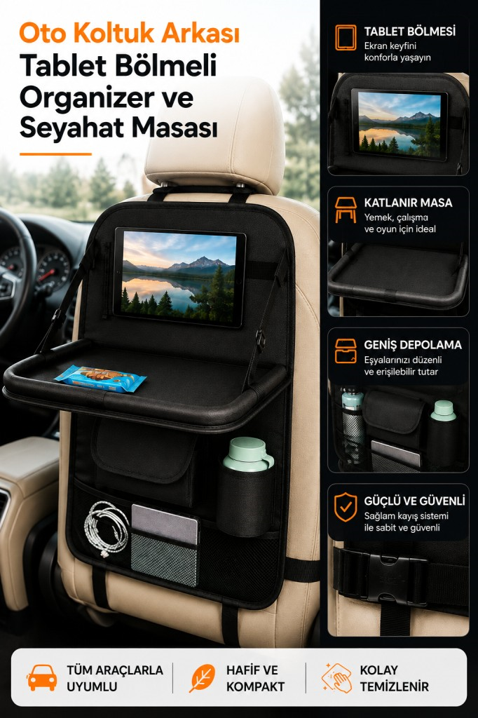 Polham Oto Koltuk Arkası Tablet Bölmeli Organizer, Katlanabilir Seyahat Masası, Çok Bölmeli Araç İçi Düzenleyici