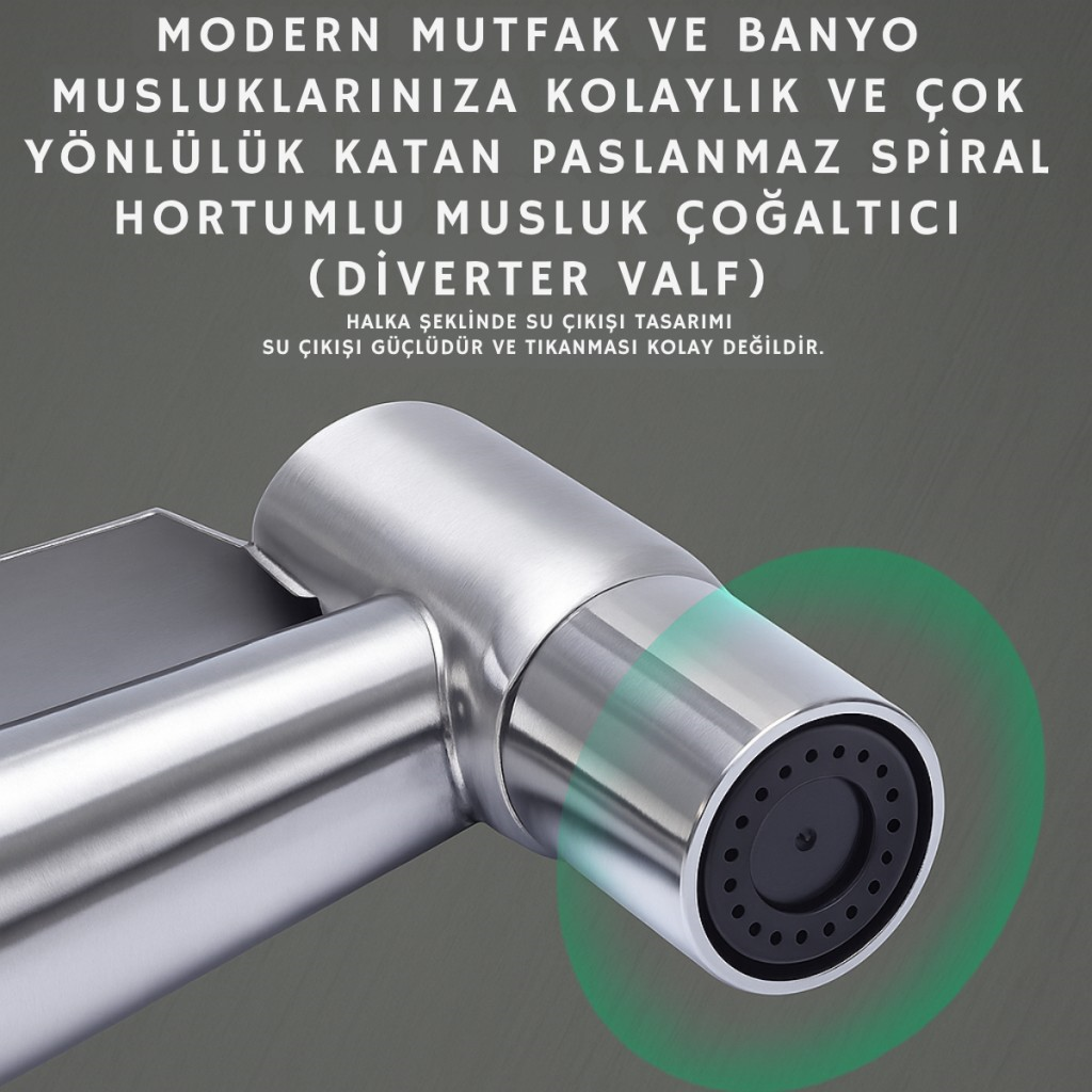 Polham Paslanmaz Çelik Spiral Hortumlu Musluk Çoğaltıcı Tüm Musluklara Uyumlu, Banyo, Tuvalet, Mutfak