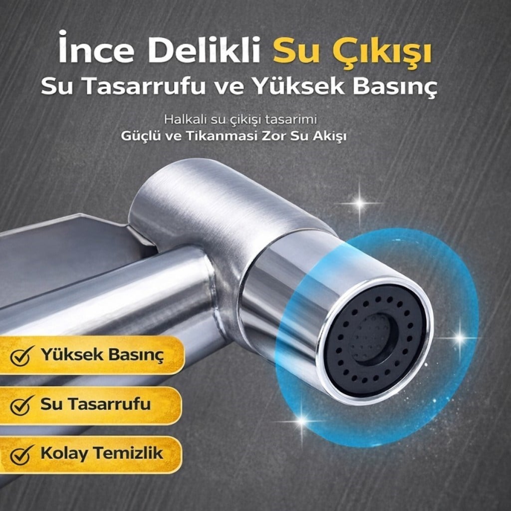 Polham Paslanmaz Çelik Spiral Hortumlu Musluk Çoğaltıcı – Çift Çıkışlı, Sprey Başlıklı, Banyo Tuvalet Lavabo Temizlik Seti