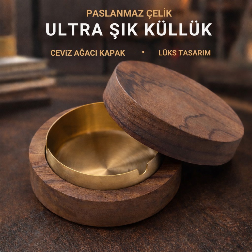 Polham Paslanmaz Çelik Yuvarlak Ultra Şık Küllük, Kapaklı Ceviz Ağacı Paslanmaz Çelik Kül Tablası