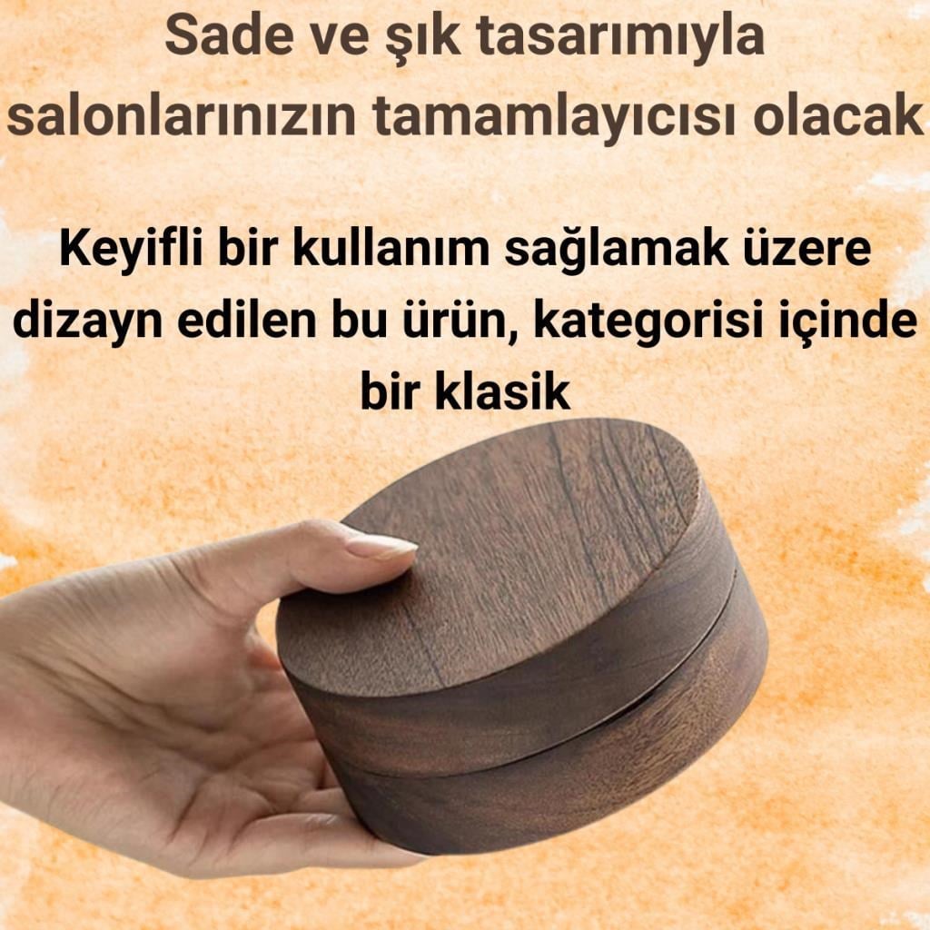 Polham Paslanmaz Çelik Yuvarlak Ultra Şık Küllük, Kapaklı Ceviz Ağacı Paslanmaz Çelik Kül Tablası