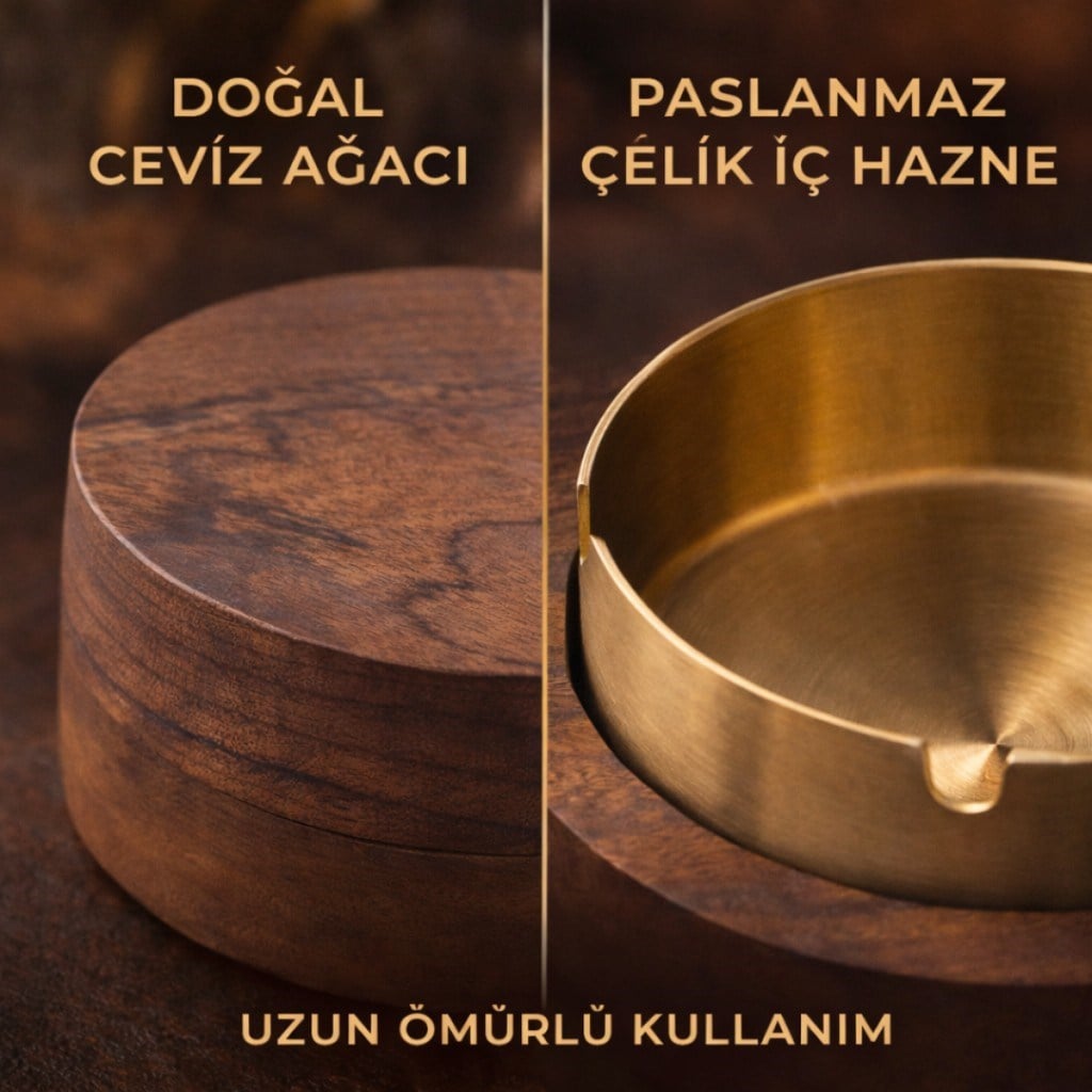 Polham Paslanmaz Çelik Yuvarlak Ultra Şık Küllük, Kapaklı Ceviz Ağacı Paslanmaz Çelik Kül Tablası