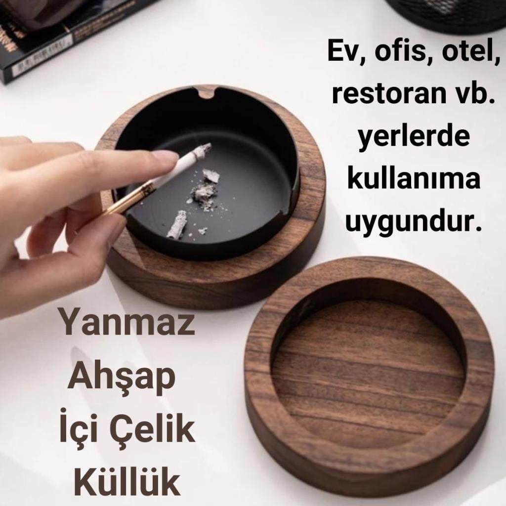 Polham Paslanmaz Çelik Yuvarlak Ultra Şık Küllük, Kapaklı Ceviz Ağacı Paslanmaz Çelik Kül Tablası