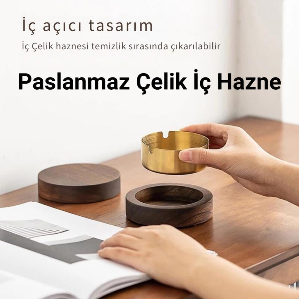 Polham Paslanmaz Çelik Yuvarlak Ultra Şık Küllük, Kapaklı Ceviz Ağacı Paslanmaz Çelik Kül Tablası